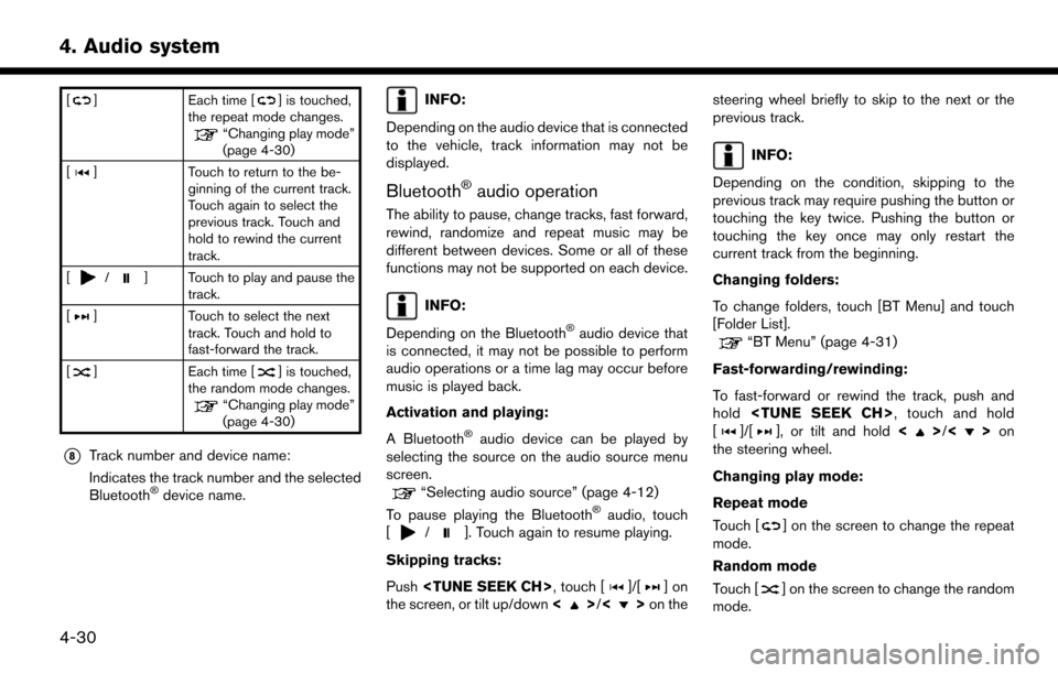 NISSAN LEAF 2017 1.G Navigation Manual []Each time [] is touched,
the repeat mode changes.
“Changing play mode”
(page 4-30)
[
] Touch to return to the be-
ginning of the current track.
Touch again to select the
previous track. Touch an