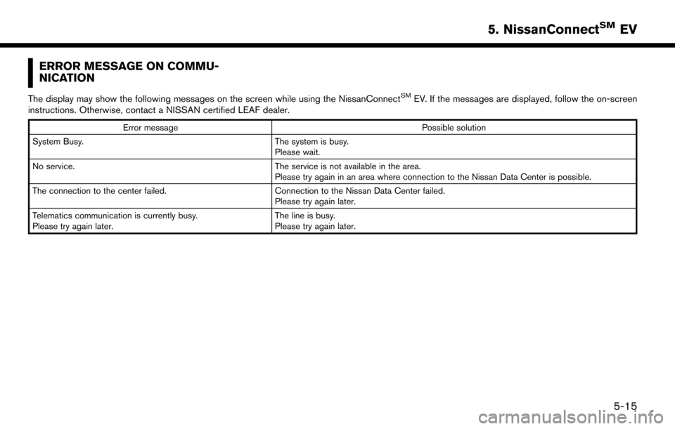NISSAN LEAF 2017 1.G Navigation Manual ERROR MESSAGE ON COMMU-
NICATION
The display may show the following messages on the screen while using the NissanConnectSMEV. If the messages are displayed, follow the on-screen
instructions. Otherwis