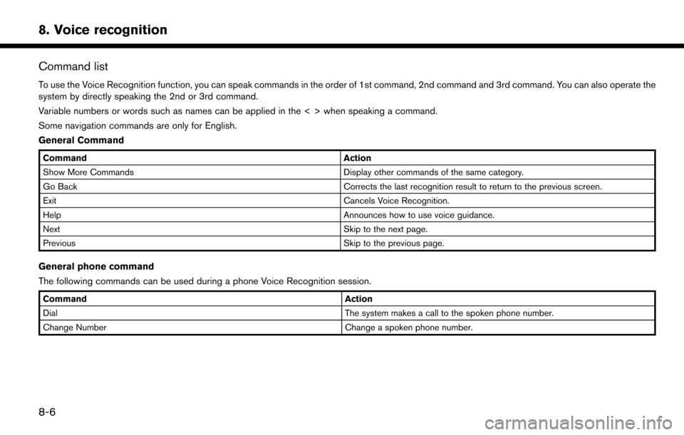 NISSAN LEAF 2017 1.G Navigation Manual Command list
To use the Voice Recognition function, you can speak commands in the order of 1st command, 2nd command and 3rd command. You can also operate the
system by directly speaking the 2nd or 3rd