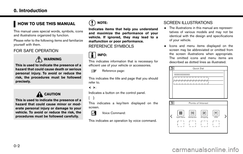 NISSAN LEAF 2017 1.G Navigation Manual HOW TO USE THIS MANUAL
This manual uses special words, symbols, icons
and illustrations organized by function.
Please refer to the following items and familiarize
yourself with them.
FOR SAFE OPERATIO