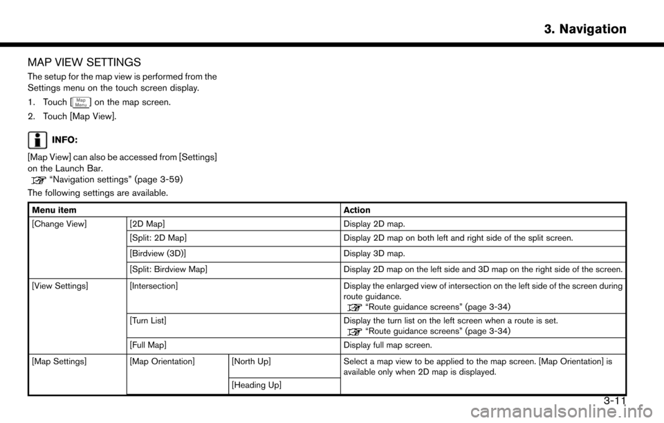 NISSAN LEAF 2017 1.G Navigation Manual MAP VIEW SETTINGS
The setup for the map view is performed from the
Settings menu on the touch screen display.
1. Touch [
] on the map screen.
2. Touch [Map View].
INFO:
[Map View] can also be accessed