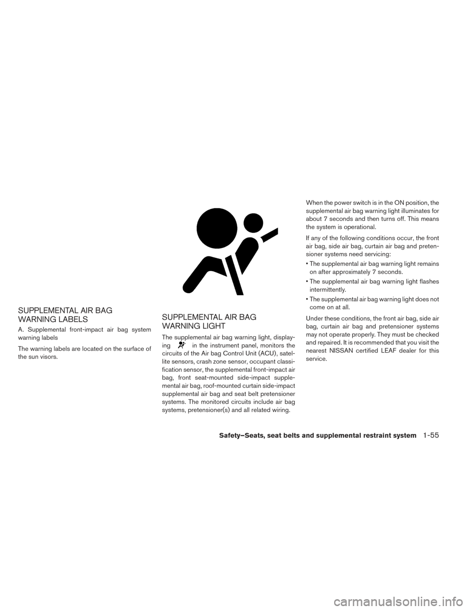 NISSAN LEAF 2017 1.G Owners Manual SUPPLEMENTAL AIR BAG
WARNING LABELS
A. Supplemental front-impact air bag system
warning labels
The warning labels are located on the surface of
the sun visors.
SUPPLEMENTAL AIR BAG
WARNING LIGHT
The s NISSAN LEAF 2017 1.G Owners Manual SUPPLEMENTAL AIR BAG
WARNING LABELS
A. Supplemental front-impact air bag system
warning labels
The warning labels are located on the surface of
the sun visors.
SUPPLEMENTAL AIR BAG
WARNING LIGHT
The s