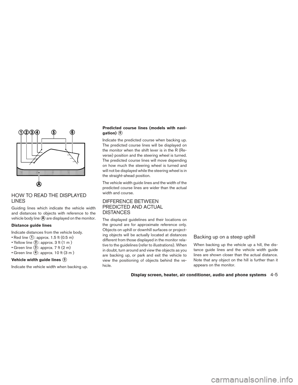 NISSAN LEAF 2017 1.G Owners Manual HOW TO READ THE DISPLAYED
LINES
Guiding lines which indicate the vehicle width
and distances to objects with reference to the
vehicle body line
Aare displayed on the monitor.
Distance guide lines
Ind NISSAN LEAF 2017 1.G Owners Manual HOW TO READ THE DISPLAYED
LINES
Guiding lines which indicate the vehicle width
and distances to objects with reference to the
vehicle body line
Aare displayed on the monitor.
Distance guide lines
Ind