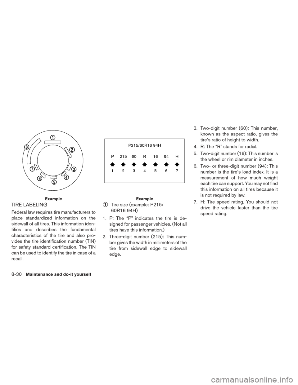 NISSAN LEAF 2017 1.G Owners Manual TIRE LABELING
Federal law requires tire manufacturers to
place standardized information on the
sidewall of all tires. This information iden-
tifies and describes the fundamental
characteristics of the NISSAN LEAF 2017 1.G Owners Manual TIRE LABELING
Federal law requires tire manufacturers to
place standardized information on the
sidewall of all tires. This information iden-
tifies and describes the fundamental
characteristics of the