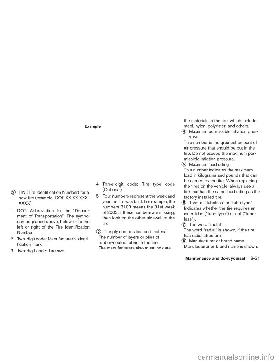 NISSAN LEAF 2017 1.G Owners Manual 2TIN (Tire Identification Number) for a
new tire (example: DOT XX XX XXX
XXXX)
1. DOT: Abbreviation for the “Depart- ment of Transportation”. The symbol
can be placed above, below or to the
left NISSAN LEAF 2017 1.G Owners Manual 2TIN (Tire Identification Number) for a
new tire (example: DOT XX XX XXX
XXXX)
1. DOT: Abbreviation for the “Depart- ment of Transportation”. The symbol
can be placed above, below or to the
left