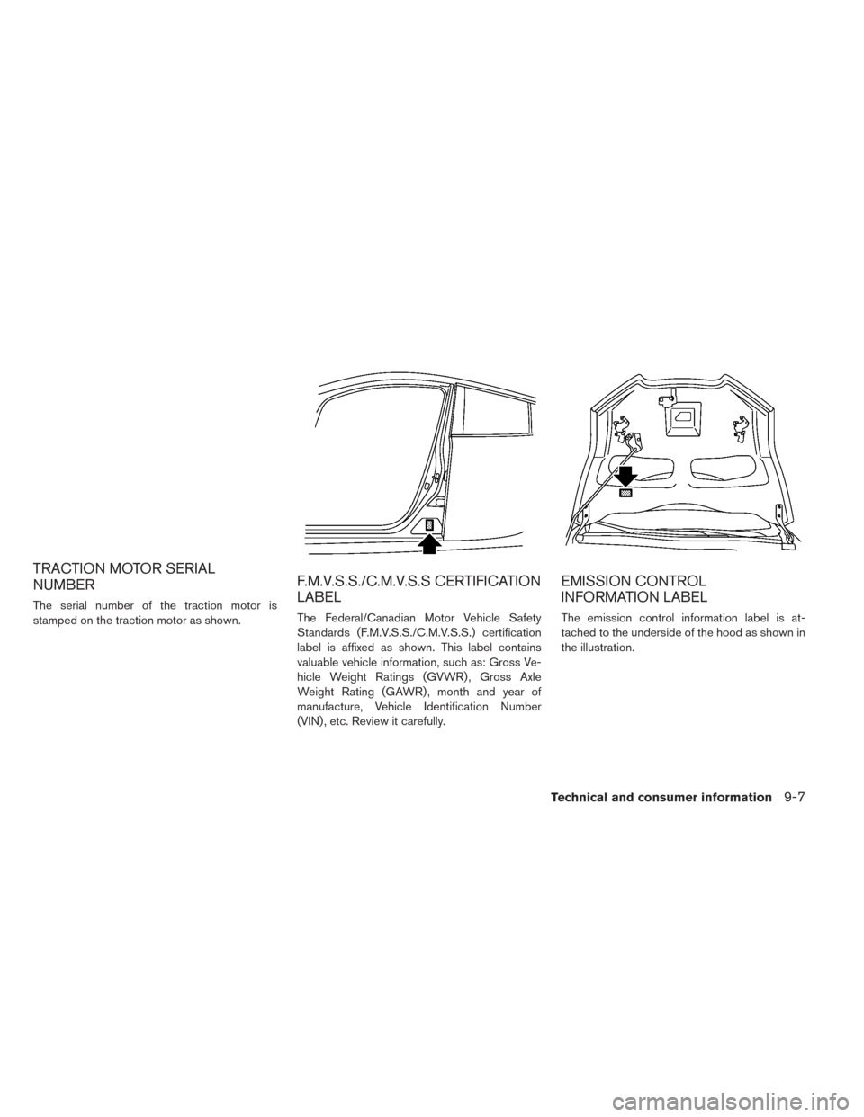 NISSAN LEAF 2017 1.G Owners Manual TRACTION MOTOR SERIAL
NUMBER
The serial number of the traction motor is
stamped on the traction motor as shown.
F.M.V.S.S./C.M.V.S.S CERTIFICATION
LABEL
The Federal/Canadian Motor Vehicle Safety
Stand