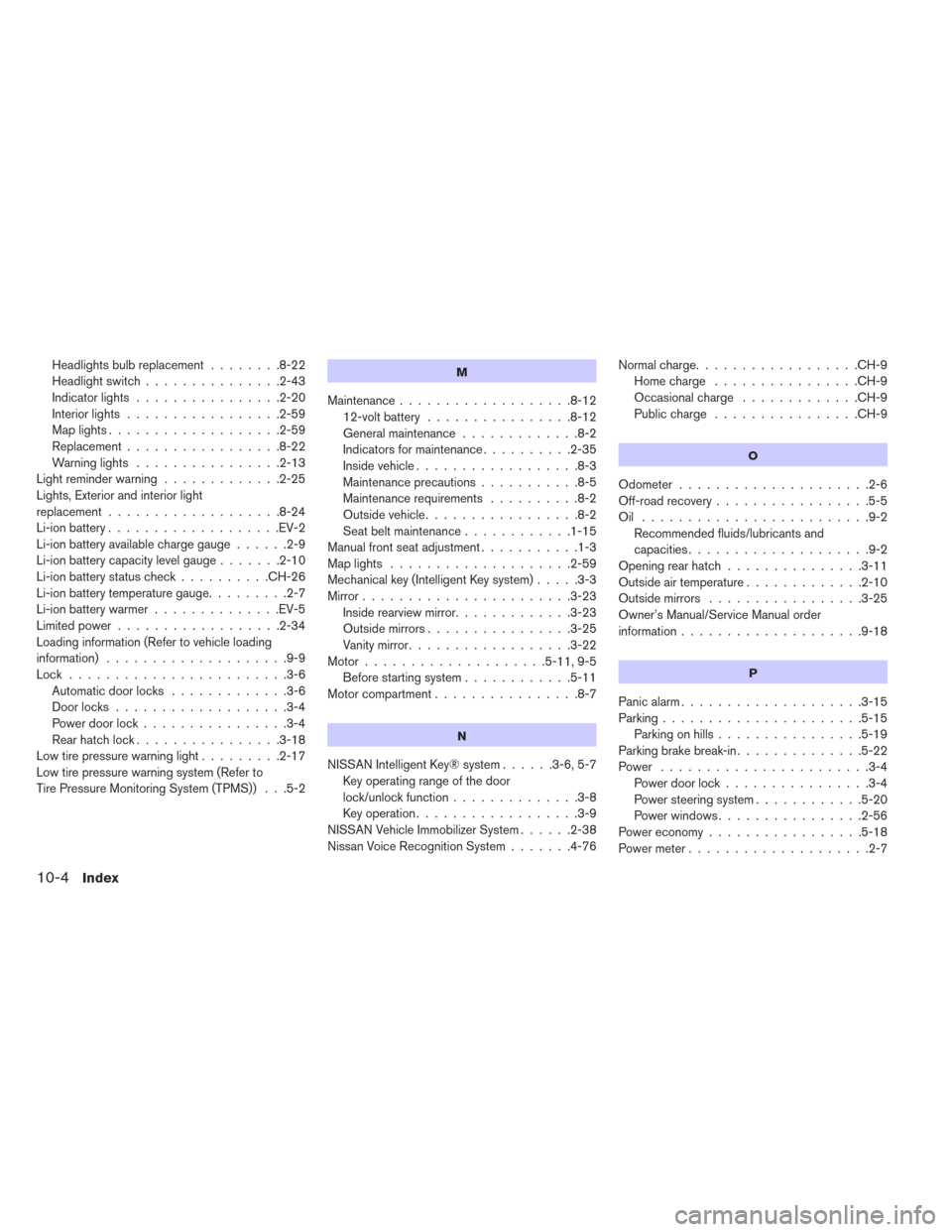 NISSAN LEAF 2017 1.G Owners Manual Headlights bulb replacement........8-22
Headlightswitch...............2-43
Indicatorlights ................2-20
Interior lights .................2-59
Maplights...................2-59
Replacement ..... NISSAN LEAF 2017 1.G Owners Manual Headlights bulb replacement........8-22
Headlightswitch...............2-43
Indicatorlights ................2-20
Interior lights .................2-59
Maplights...................2-59
Replacement .....