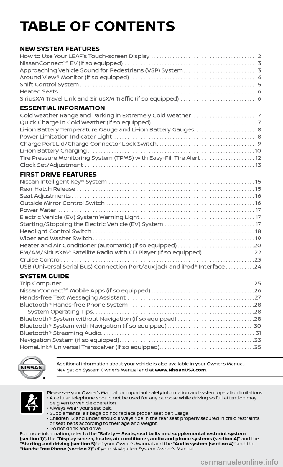 NISSAN LEAF 2017 1.G Quick Reference Guide NEW SYSTEM FEATURESHow to Use Your LEAF’s Touch-screen Display ........................................2
NissanC onnectSM EV (if so equipped) ..................................................3
Ap NISSAN LEAF 2017 1.G Quick Reference Guide NEW SYSTEM FEATURESHow to Use Your LEAF’s Touch-screen Display ........................................2
NissanC onnectSM EV (if so equipped) ..................................................3
Ap