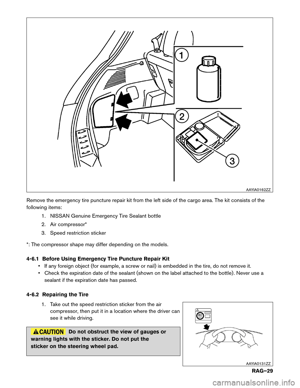 NISSAN LEAF 2017 1.G Roadside Assistance Guide Remove the emergency tire puncture repair kit from the left side of the cargo area. The kit consists of the
following
items:
1. NISSAN Genuine Emergency Tire Sealant bottle
2. Air compressor*
3. Speed