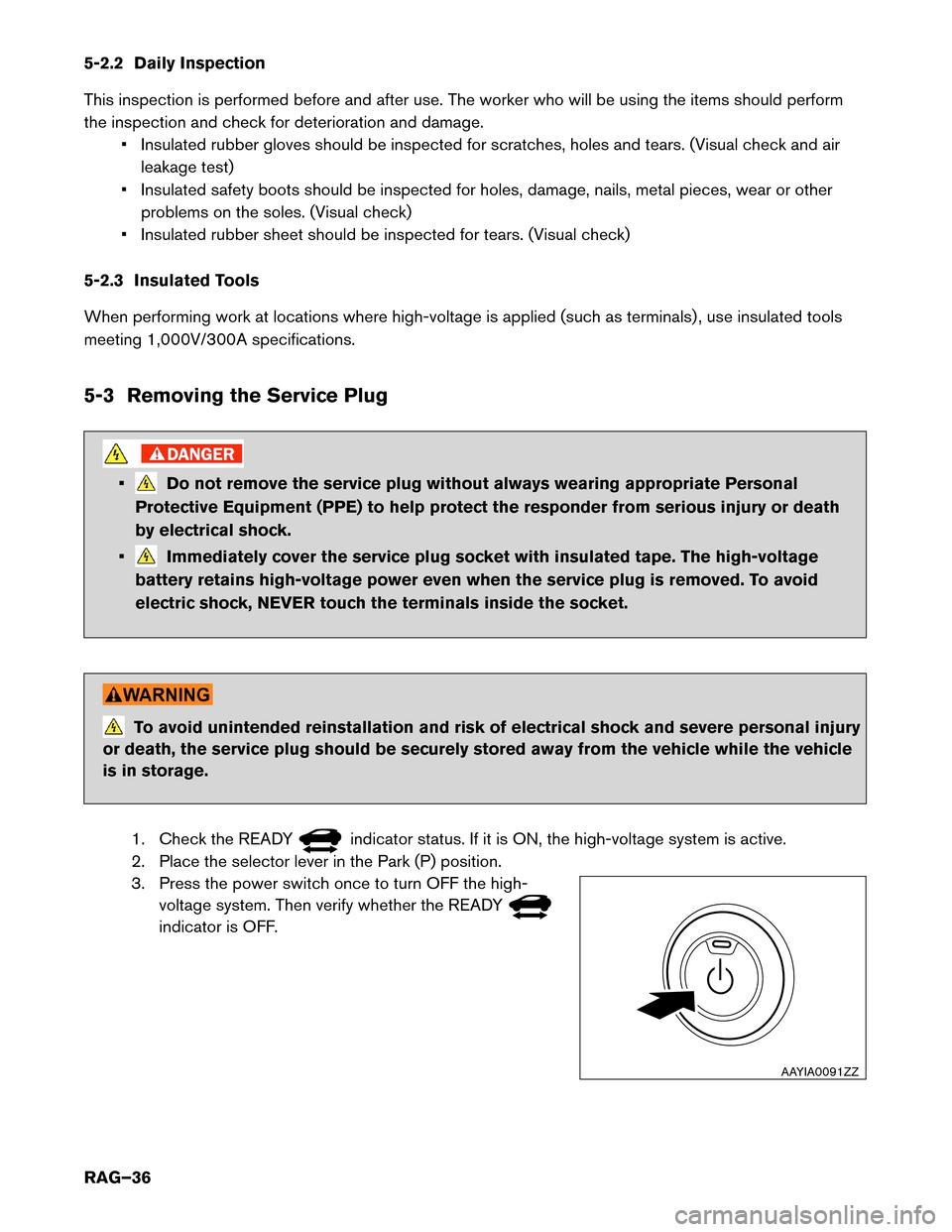 NISSAN LEAF 2017 1.G Roadside Assistance Guide 5-2.2 Daily Inspection
This
inspection is performed before and after use. The worker who will be using the items should perform
the inspection and check for deterioration and damage. • Insulated rub