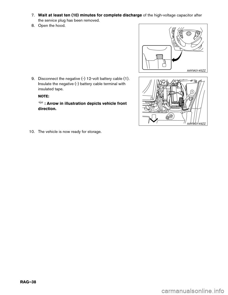 NISSAN LEAF 2017 1.G Roadside Assistance Guide 7.
Waitat least ten (10) minutes for complete discharge of the high-voltage capacitor after
the service plug has been removed.
8. Open the hood.
9. Disconnect the negative (-) 12-volt battery cable (1