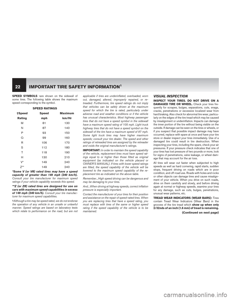 NISSAN LEAF 2017 1.G Warranty Booklet SPEED SYMBOLS -are shown on the sidewall of
some tires. The following table shows the maximum
speed corresponding to the symbol.
SPEED RATINGS
†Speed Speed Maximum Rating mph km/Hr M 81 130
N 87 140 NISSAN LEAF 2017 1.G Warranty Booklet SPEED SYMBOLS -are shown on the sidewall of
some tires. The following table shows the maximum
speed corresponding to the symbol.
SPEED RATINGS
†Speed Speed Maximum Rating mph km/Hr M 81 130
N 87 140