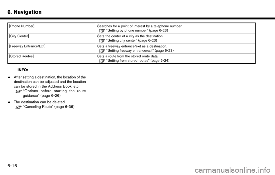 NISSAN MAXIMA 2017 A36 / 8.G Nissan Connect Navigation Manual 6. Navigation
[Phone Number]Searches for a point of interest by a telephone number.“Setting by phone number” (page 6-23)
[City Center] Sets the center of a city as the destination.
“Setting city