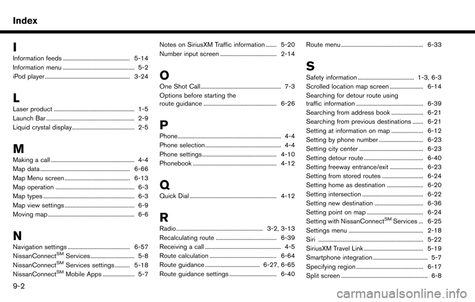 NISSAN MAXIMA 2017 A36 / 8.G Nissan Connect Navigation Manual Index
I
Information feeds ............................................ 5-14
Information menu ............................................... 5-2
iPod player ...........................................
