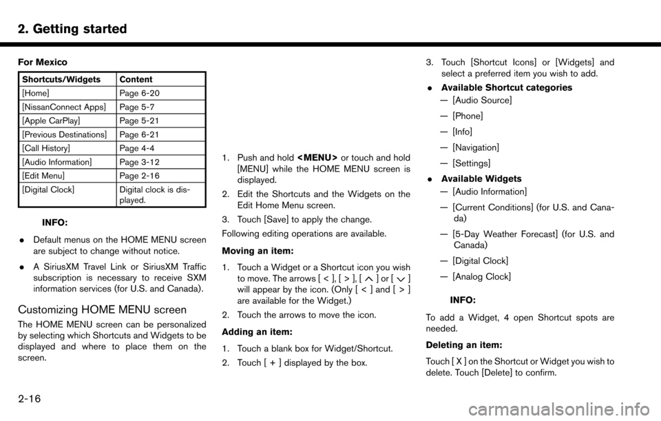 NISSAN MAXIMA 2017 A36 / 8.G Nissan Connect Navigation Manual 2. Getting started
For Mexico
Shortcuts/Widgets Content
[Home] Page 6-20
[NissanConnect Apps] Page 5-7
[Apple CarPlay] Page 5-21
[Previous Destinations] Page 6-21
[Call History] Page 4-4
[Audio Inform