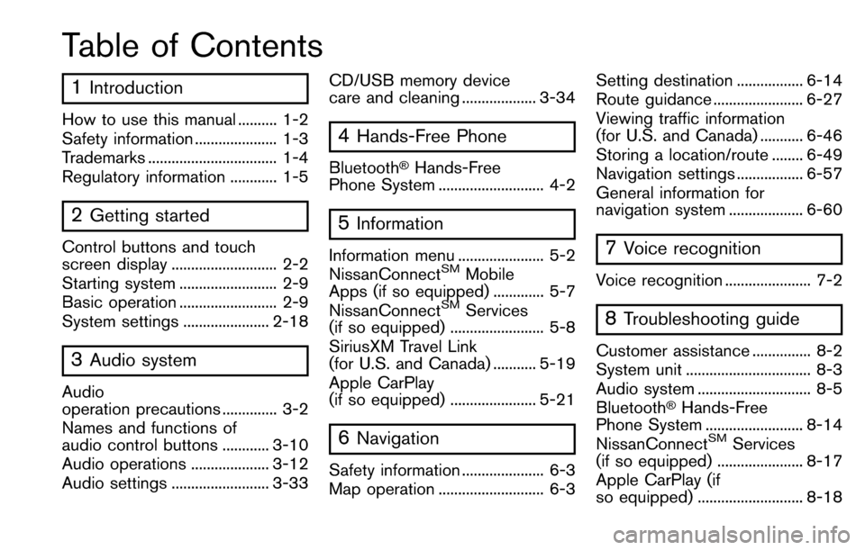 NISSAN MAXIMA 2017 A36 / 8.G Nissan Connect Navigation Manual Table of Contents
1Introduction
How to use this manual .......... 1-2
Safety information ..................... 1-3
Trademarks ................................. 1-4
Regulatory information ............ 