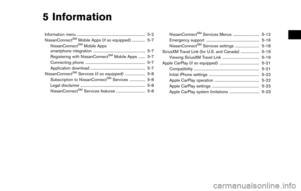 NISSAN MAXIMA 2017 A36 / 8.G Nissan Connect Navigation Manual 5 Information
Information menu ....................................................................... 5-2
NissanConnectSMMobile Apps (if so equipped) .............. 5-7
NissanConnectSMMobile Apps
sma NISSAN MAXIMA 2017 A36 / 8.G Nissan Connect Navigation Manual 5 Information
Information menu ....................................................................... 5-2
NissanConnectSMMobile Apps (if so equipped) .............. 5-7
NissanConnectSMMobile Apps
sma