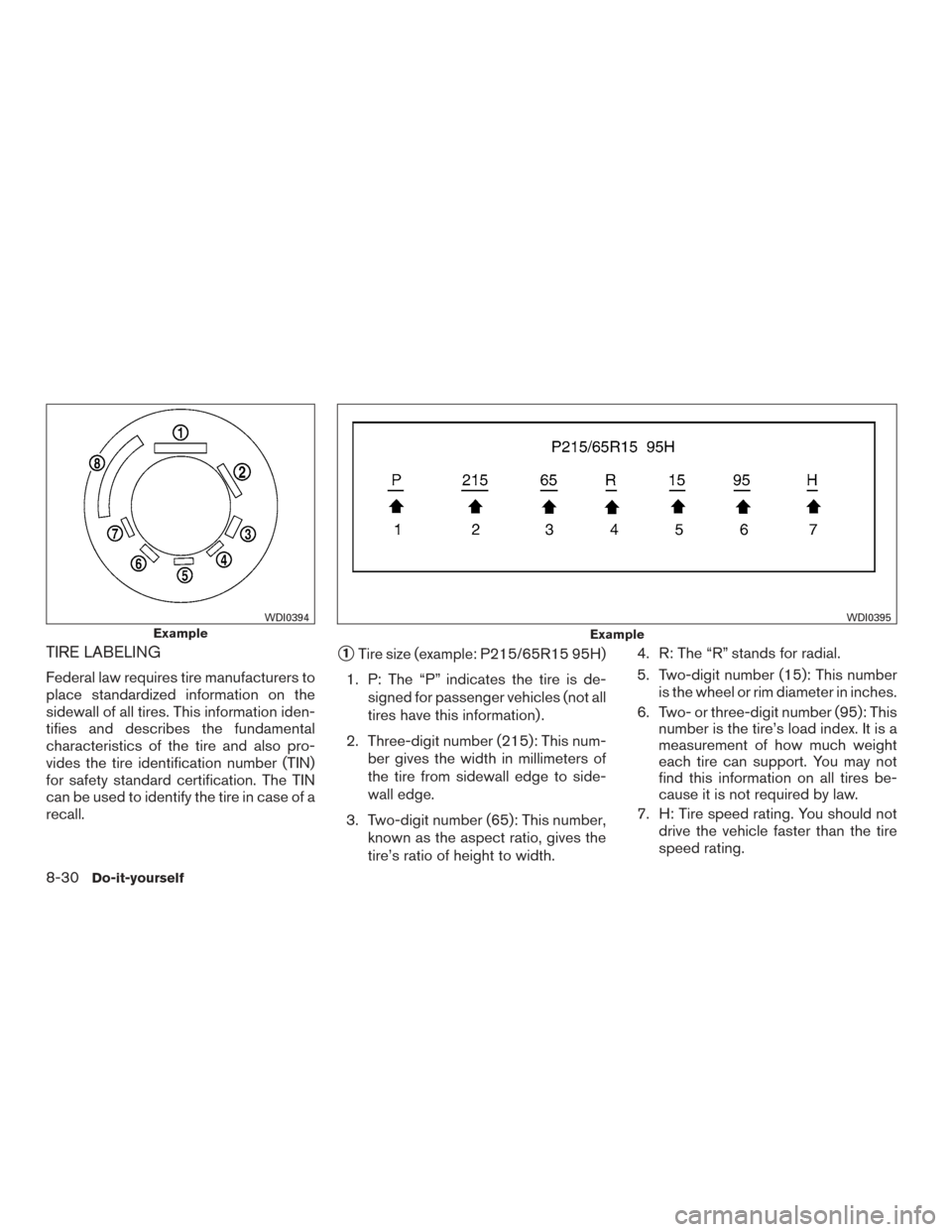NISSAN MURANO 2017 3.G Owners Manual TIRE LABELING
Federal law requires tire manufacturers to
place standardized information on the
sidewall of all tires. This information iden-
tifies and describes the fundamental
characteristics of the NISSAN MURANO 2017 3.G Owners Manual TIRE LABELING
Federal law requires tire manufacturers to
place standardized information on the
sidewall of all tires. This information iden-
tifies and describes the fundamental
characteristics of the