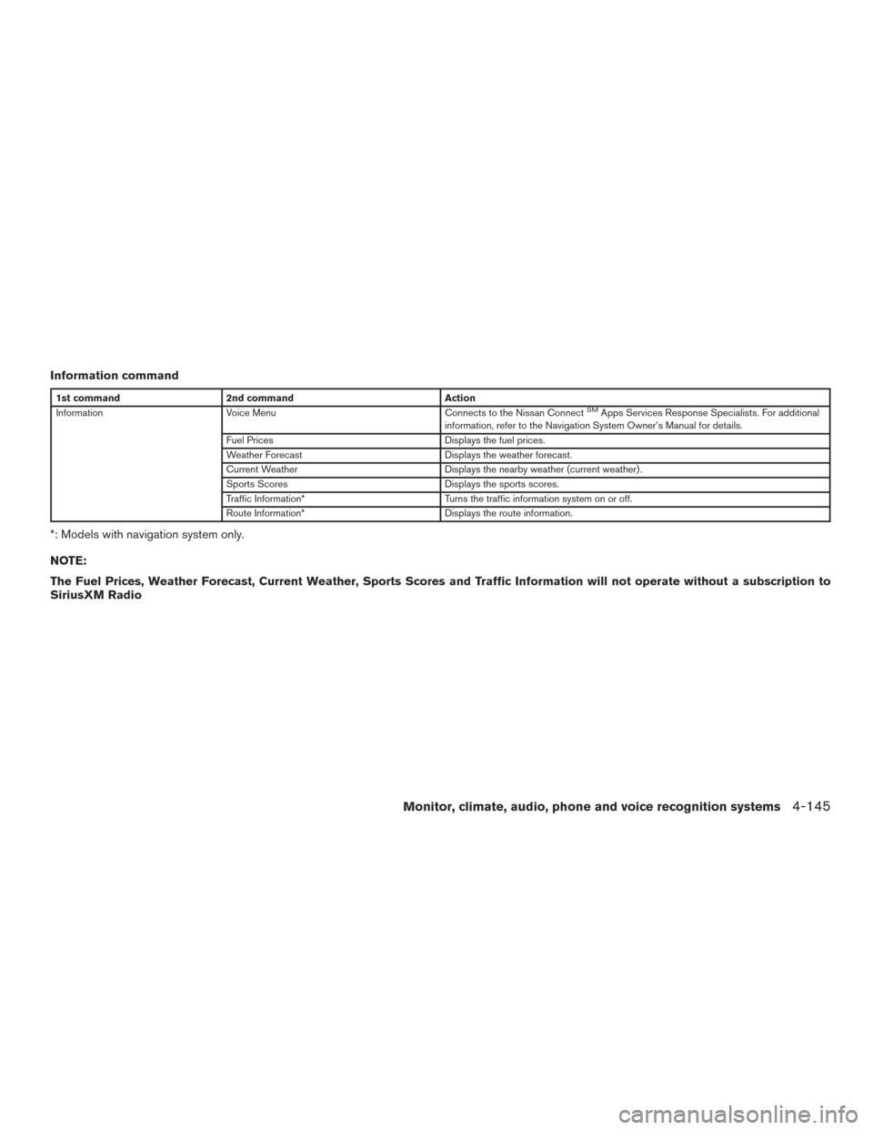 NISSAN PATHFINDER 2017 R52 / 4.G Owners Manual Information command
1st command2nd command Action
Information Voice Menu Connects to the Nissan ConnectSMApps Services Response Specialists. For additional
information, refer to the Navigation System 