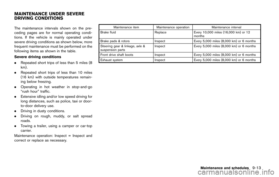 NISSAN QUEST 2017 RE52 / 4.G Owners Manual The maintenance intervals shown on the pre-
ceding pages are for normal operating condi-
tions. If the vehicle is mainly operated under
severe driving conditions as shown below, more
frequent maintena