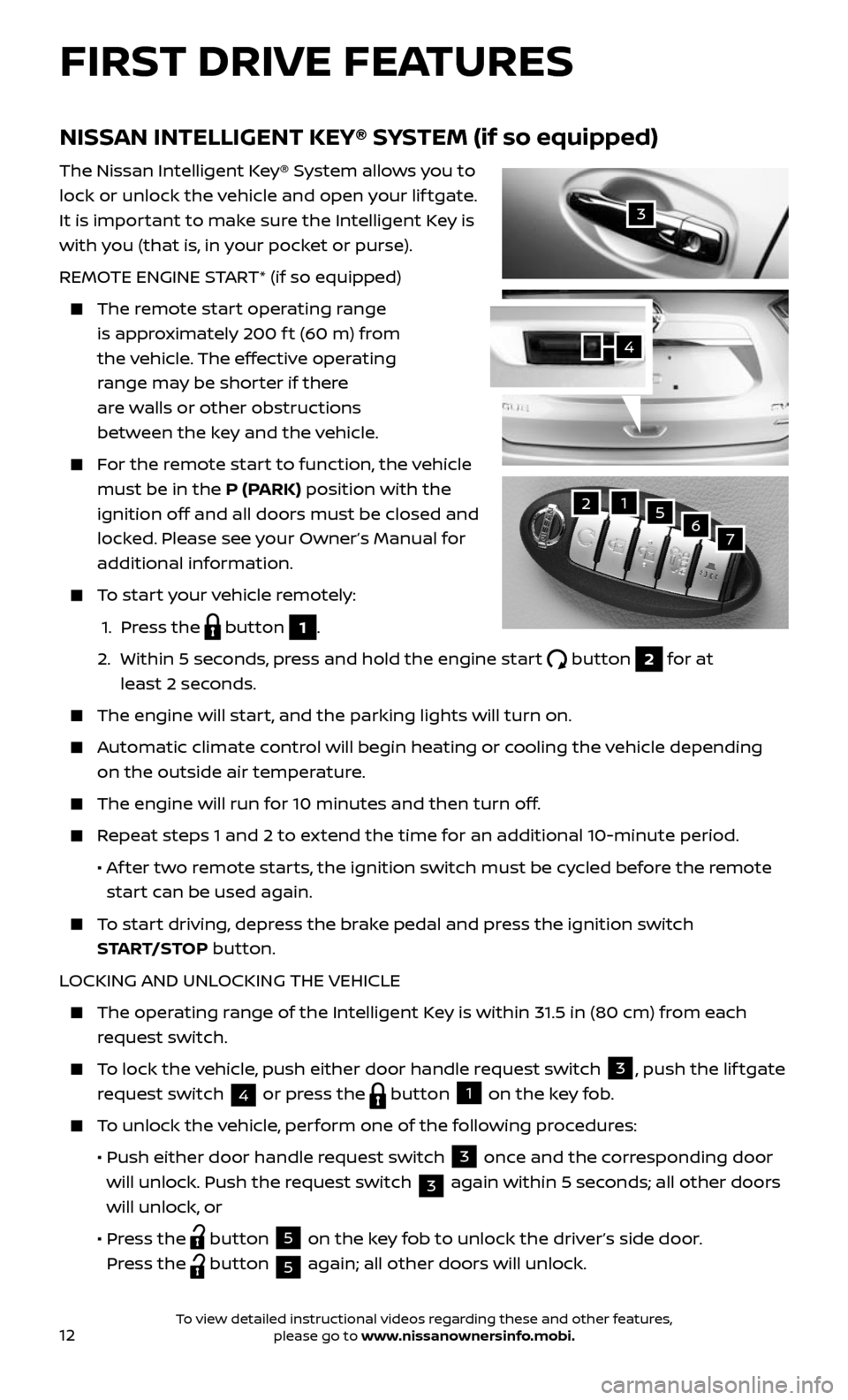 NISSAN ROGUE 2017 2.G Quick Reference Guide 12
NISSAN INTELLIGENT KEY® SYSTEM (if so equipped)
The Nissan Intelligent Key® System allows you to 
lock or unlock the vehicle and open your lif tgate. 
It is important to make sure the Intelligent