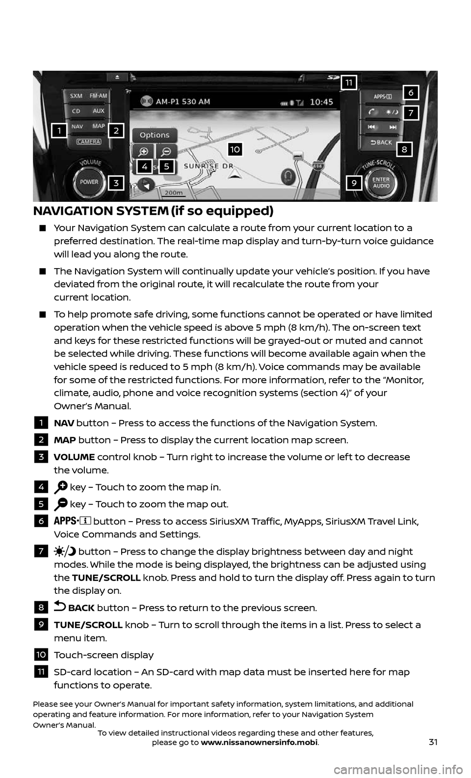 NISSAN ROGUE 2017 2.G Quick Reference Guide 31
1
11
4
7
108
2
39
5
6
NAVIGATION SYSTEM (if so equipped)
    Your Navigation System can calculate a route from your current location to a preferred destination. The real-time map display and turn-b