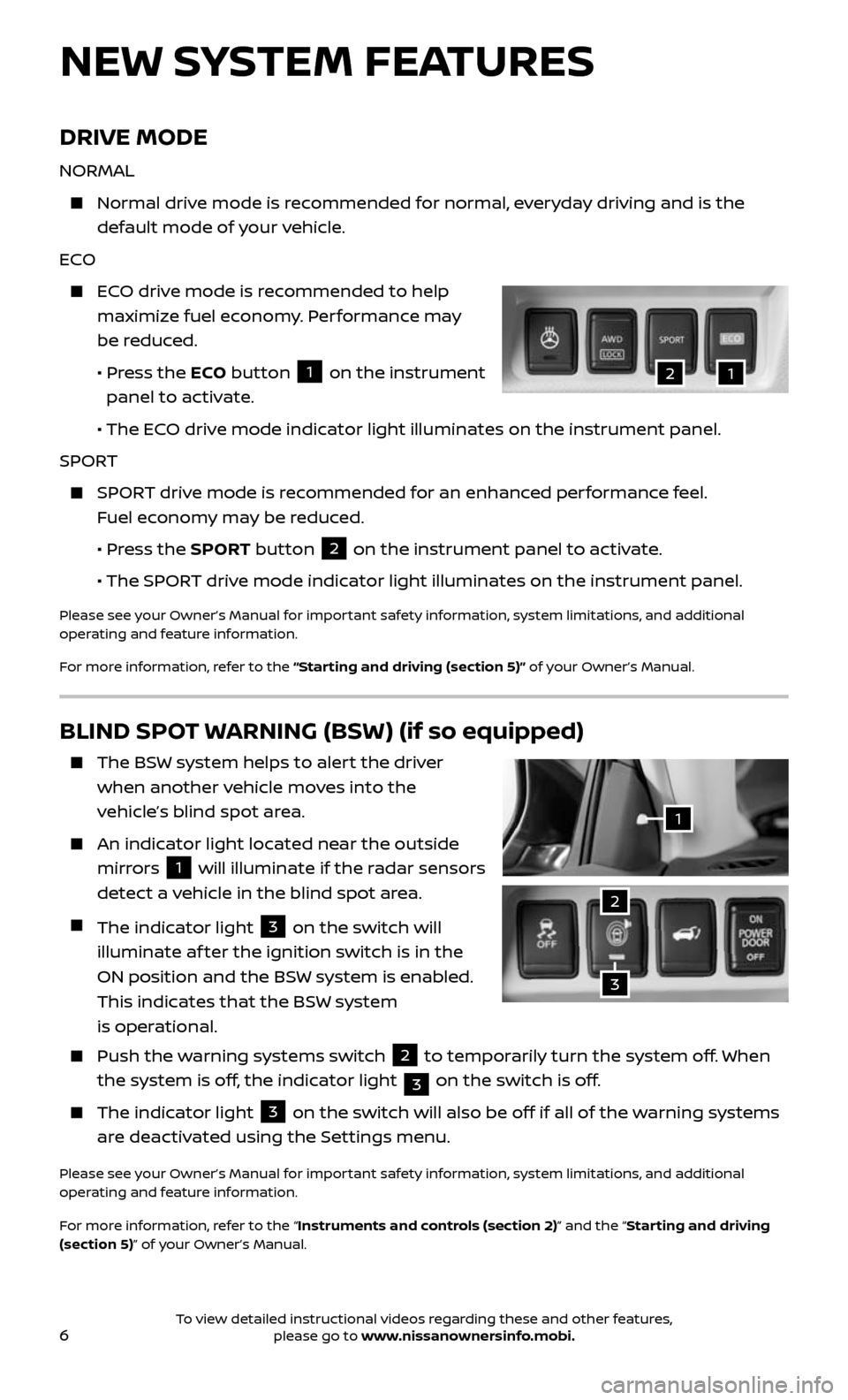 NISSAN ROGUE 2017 2.G Quick Reference Guide 6
BLIND SPOT WARNING (BSW) (if so equipped)
    The BSW system helps to alert the driver 
when another vehicle moves into the 
vehicle’s blind spot area.
    An indicator light located near the outs