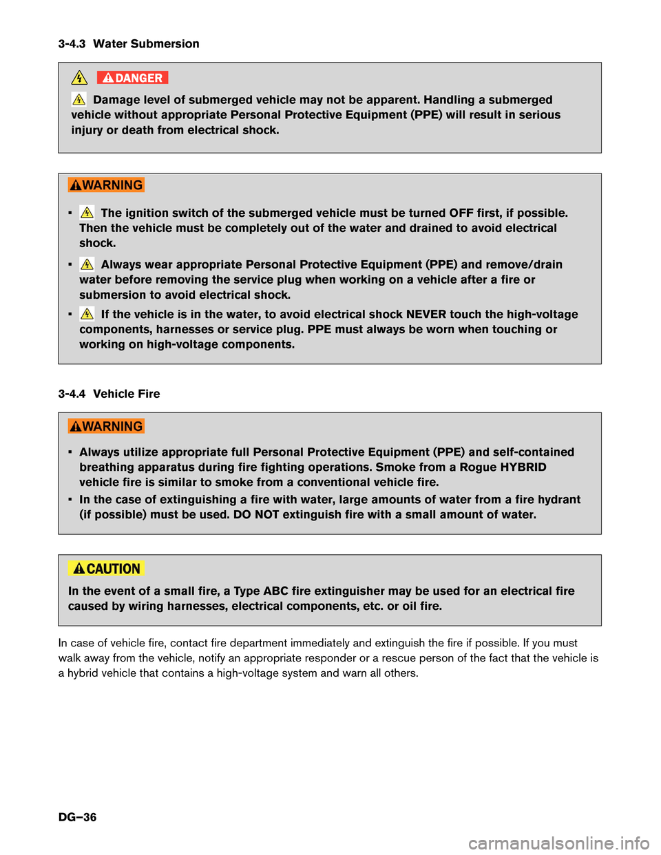 NISSAN ROGUE HYBRID 2017 2.G Dismantling Guide 3-4.3 Water Submersion
DANGER
Damage level of submerged vehicle may not be apparent. Handling a submerged
vehicle without appropriate Personal Protective Equipment (PPE) will result in serious
injury NISSAN ROGUE HYBRID 2017 2.G Dismantling Guide 3-4.3 Water Submersion
DANGER
Damage level of submerged vehicle may not be apparent. Handling a submerged
vehicle without appropriate Personal Protective Equipment (PPE) will result in serious
injury