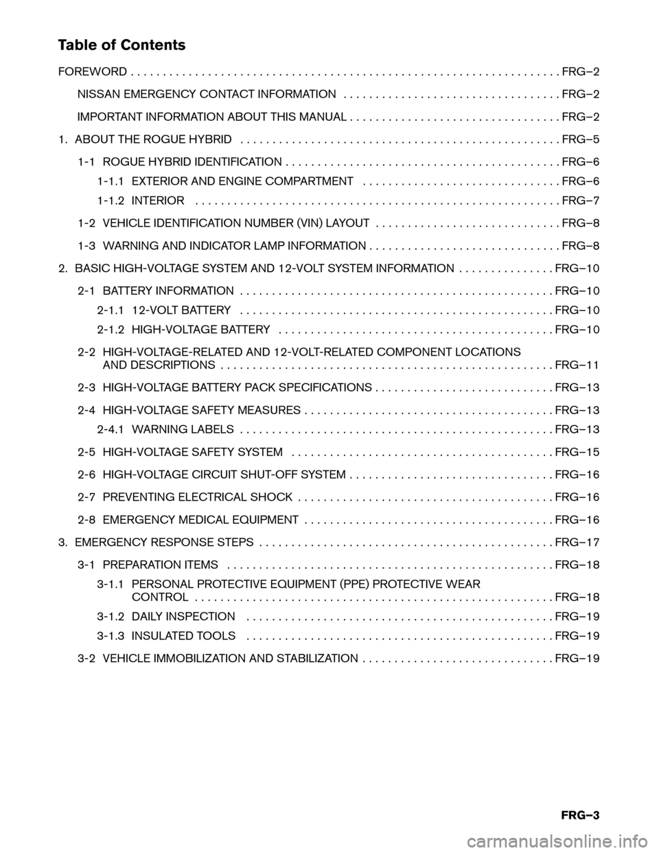 NISSAN ROGUE HYBRID 2017 2.G First Responders Guide Table of Contents
FOREWORD
. . . . . . . . . . . . . . . . . . . . . . . . . . . . . . . . . . . . . . . . . . . . . . . . . . . . . . . . . . . . . . . . . . . FRG–2
NISSAN EMERGENCY CONTACT INFORM NISSAN ROGUE HYBRID 2017 2.G First Responders Guide Table of Contents
FOREWORD
. . . . . . . . . . . . . . . . . . . . . . . . . . . . . . . . . . . . . . . . . . . . . . . . . . . . . . . . . . . . . . . . . . . FRG–2
NISSAN EMERGENCY CONTACT INFORM