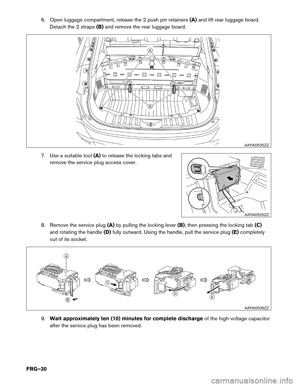NISSAN ROGUE HYBRID 2017 2.G First Responders Guide 6. Open luggage compartment, release the 2 push pin retainers
(A)and lift rear luggage board.
Detach the 2 straps (B)and remove the rear luggage board.
7. Use a suitable tool (A)to release the locking