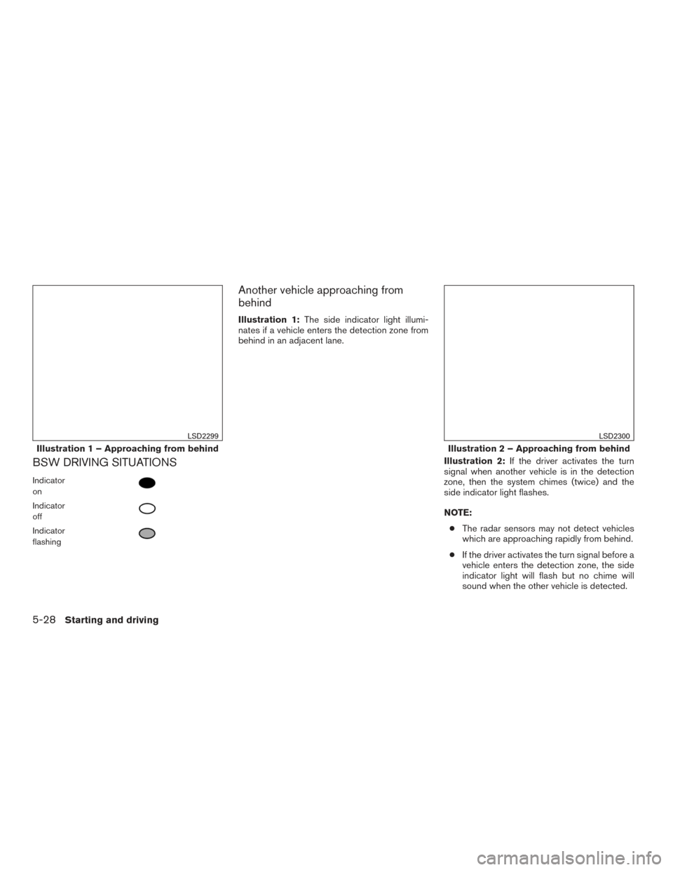 NISSAN ROGUE HYBRID 2017 2.G Owners Manual BSW DRIVING SITUATIONS
Indicator
on
Indicator
off
Indicator
flashing
Another vehicle approaching from
behind
Illustration 1:The side indicator light illumi-
nates if a vehicle enters the detection zon