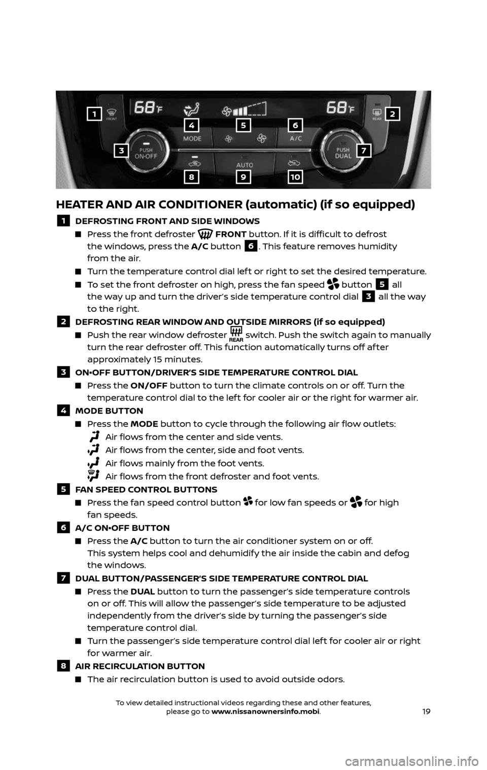NISSAN ROGUE HYBRID 2017 2.G Quick Reference Guide 19
1
3
25
9
4
8
6
10
7
HEATER AND AIR CONDITIONER (automatic) (if so equipped)
1 DEFROSTING FRONT AND SIDE WINDOWS
Press the front defroster FRONT button. If it is difficult to defrost
the win NISSAN ROGUE HYBRID 2017 2.G Quick Reference Guide 19
1
3
25
9
4
8
6
10
7
HEATER AND AIR CONDITIONER (automatic) (if so equipped)
1 DEFROSTING FRONT AND SIDE WINDOWS
Press the front defroster FRONT button. If it is difficult to defrost
the win