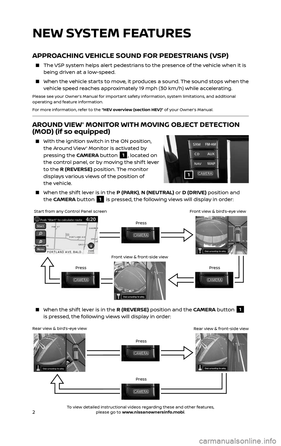 NISSAN ROGUE HYBRID 2017 2.G Quick Reference Guide 2
NEW SYSTEM FEATURES
APPROACHING VEHICLE SOUND FOR PEDESTRIANS (VSP)
The VSP system helps alert pedestrians to the presence of the vehicle when it is being driven at a low-speed.
When the ve NISSAN ROGUE HYBRID 2017 2.G Quick Reference Guide 2
NEW SYSTEM FEATURES
APPROACHING VEHICLE SOUND FOR PEDESTRIANS (VSP)
The VSP system helps alert pedestrians to the presence of the vehicle when it is being driven at a low-speed.
When the ve
