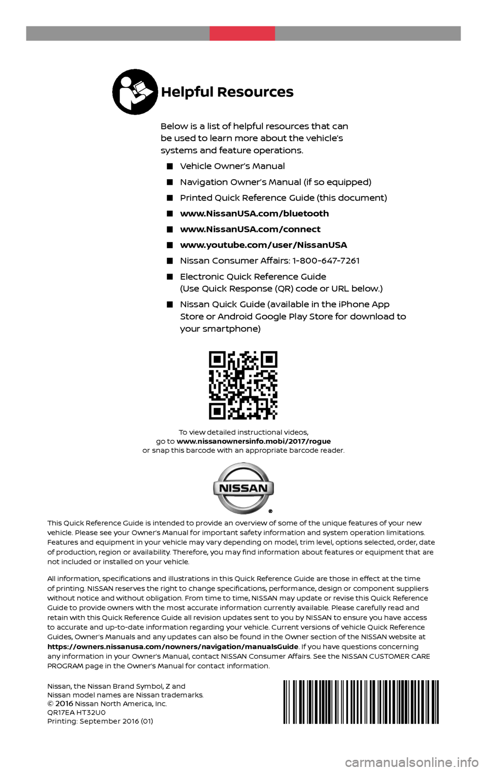 NISSAN ROGUE HYBRID 2017 2.G Quick Reference Guide Nissan, the Nissan Brand Symbol, Z and 
Nissan model names are Nissan trademarks.
© 
2016 Nissan North America, Inc.
QR17EA HT32U0 
Printing: September 2016 (01)
To view detailed instructional videos
