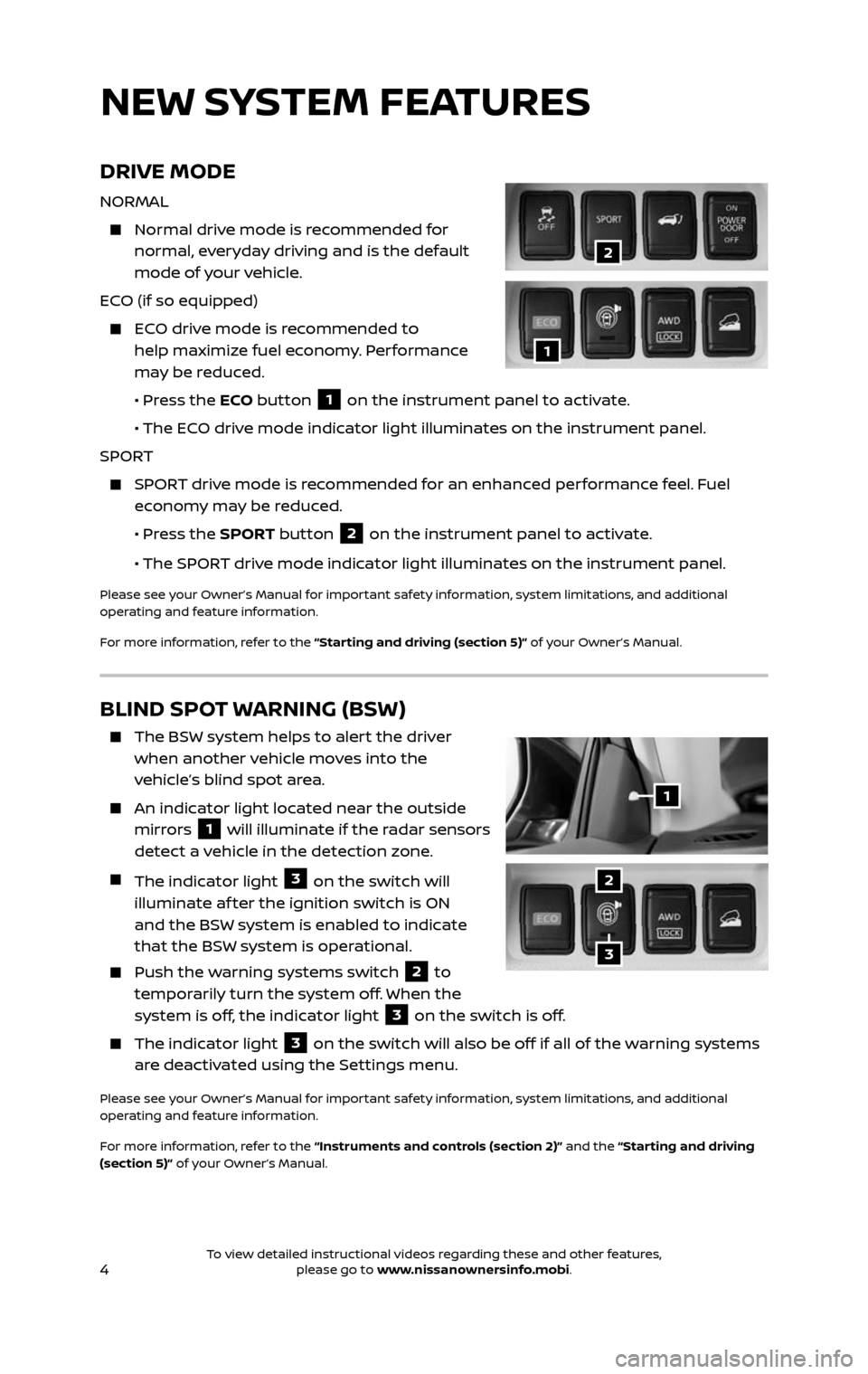 NISSAN ROGUE HYBRID 2017 2.G Quick Reference Guide 4
BLIND SPOT WARNING (BSW)
The BSW system helps to alert the driver when another vehicle moves into the
vehicle’s blind spot area.
An indicator light located near the outside mirrors 1 will NISSAN ROGUE HYBRID 2017 2.G Quick Reference Guide 4
BLIND SPOT WARNING (BSW)
The BSW system helps to alert the driver when another vehicle moves into the
vehicle’s blind spot area.
An indicator light located near the outside mirrors 1 will