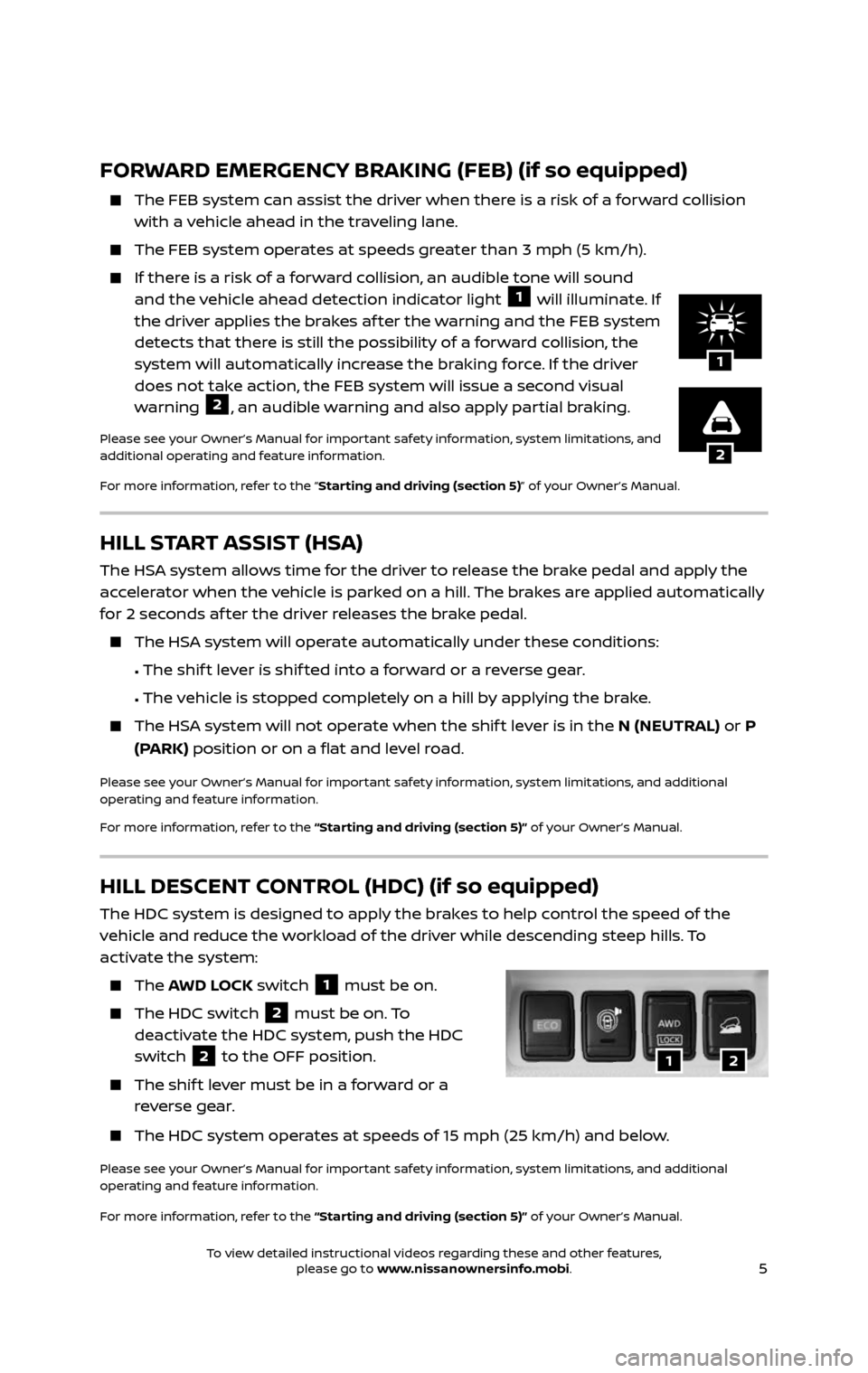NISSAN ROGUE HYBRID 2017 2.G Quick Reference Guide 5
HILL START ASSIST (HSA)
The HSA system allows time for the driver to release the brake pedal and apply the
accelerator when the vehicle is parked on a hill. The brakes are applied automatically
fo NISSAN ROGUE HYBRID 2017 2.G Quick Reference Guide 5
HILL START ASSIST (HSA)
The HSA system allows time for the driver to release the brake pedal and apply the
accelerator when the vehicle is parked on a hill. The brakes are applied automatically
fo