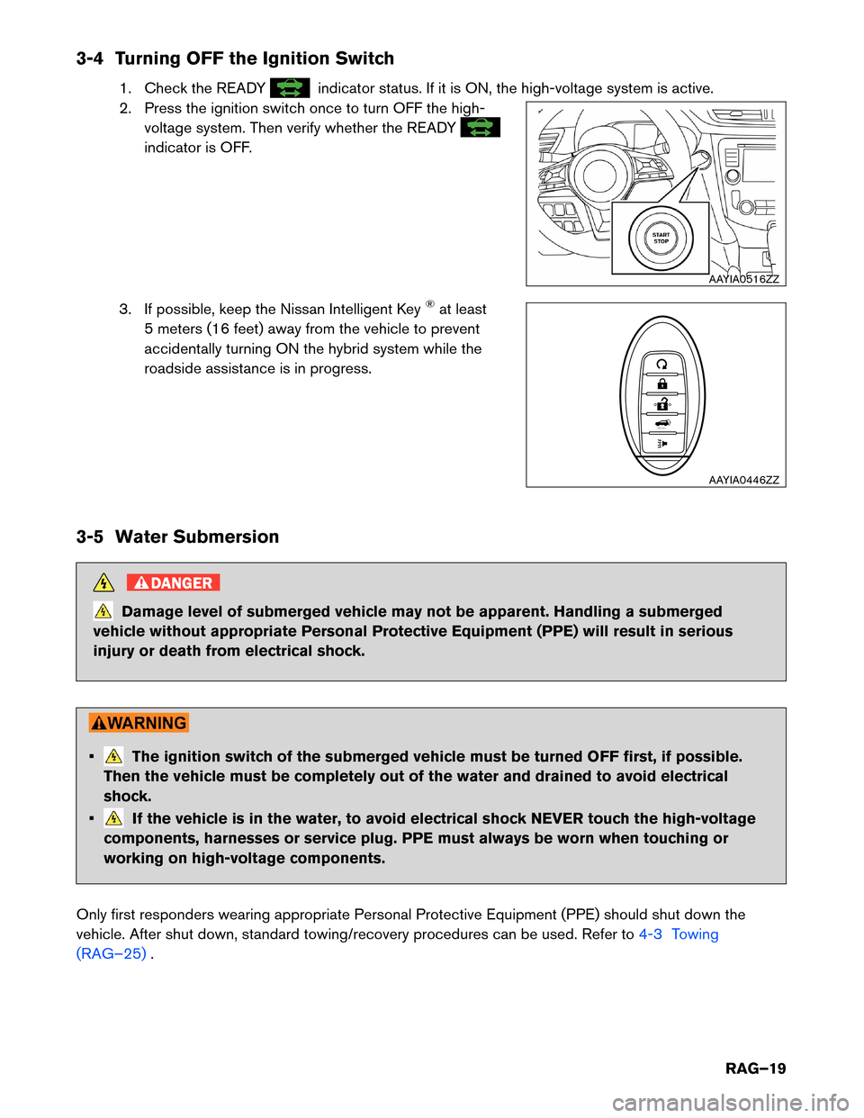 NISSAN ROGUE HYBRID 2017 2.G Roadside Assistance Guide 3-4 Turning OFF the Ignition Switch
1. Check the READY indicator status. If it is ON, the high-voltage system is active.
2.
Press the ignition switch once to turn OFF the high-
voltage system. Then v NISSAN ROGUE HYBRID 2017 2.G Roadside Assistance Guide 3-4 Turning OFF the Ignition Switch
1. Check the READY indicator status. If it is ON, the high-voltage system is active.
2.
Press the ignition switch once to turn OFF the high-
voltage system. Then v