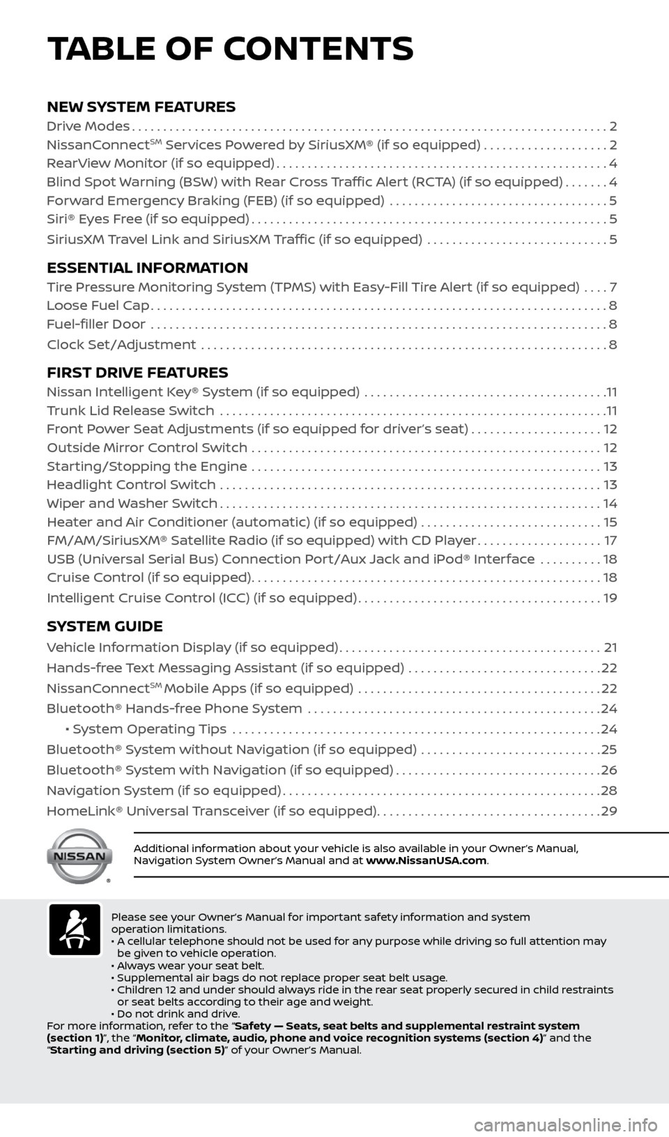 NISSAN SENTRA 2017 B17 / 7.G Quick Reference Guide NEW SYSTEM FEATURESDrive Modes........................................................................\
.... 2
NissanConnectSM Services Powered by SiriusXM® (if so equipped) . . . . . . . . . . . . NISSAN SENTRA 2017 B17 / 7.G Quick Reference Guide NEW SYSTEM FEATURESDrive Modes........................................................................\
.... 2
NissanConnectSM Services Powered by SiriusXM® (if so equipped) . . . . . . . . . . . .