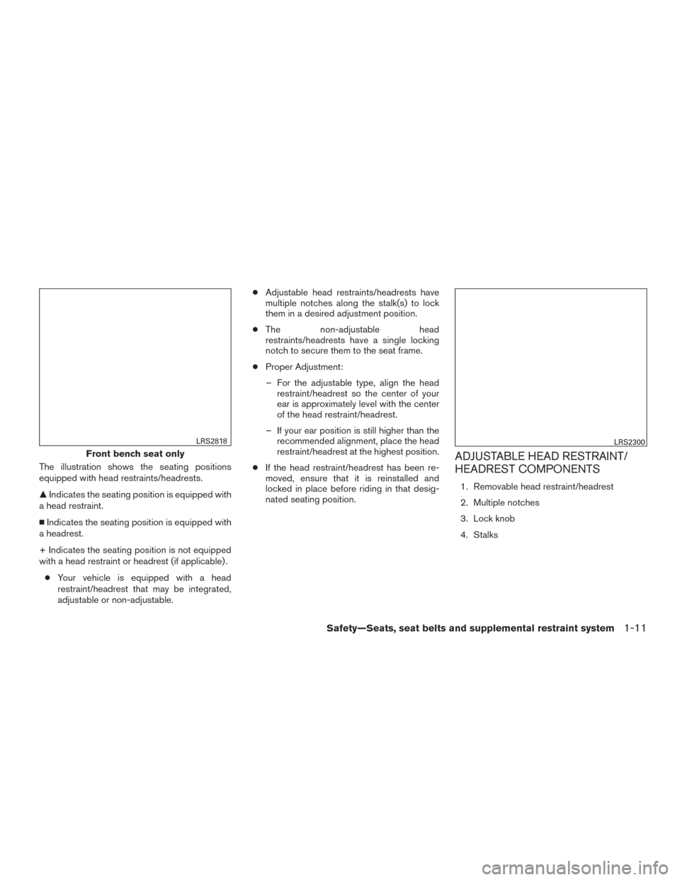NISSAN TITAN 2017 2.G Owners Manual The illustration shows the seating positions
equipped with head restraints/headrests.
Indicates the seating position is equipped with
a head restraint.
Indicates the seating position is equipped wi NISSAN TITAN 2017 2.G Owners Manual The illustration shows the seating positions
equipped with head restraints/headrests.
Indicates the seating position is equipped with
a head restraint.
Indicates the seating position is equipped wi