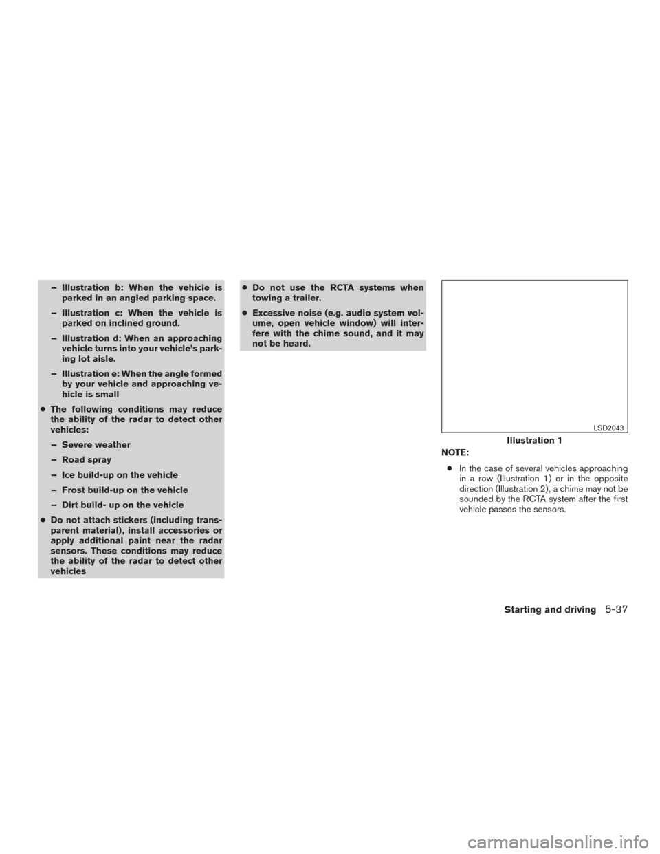 NISSAN TITAN 2017 2.G Owners Manual – Illustration b: When the vehicle isparked in an angled parking space.
– Illustration c: When the vehicle is parked on inclined ground.
– Illustration d: When an approaching vehicle turns into NISSAN TITAN 2017 2.G Owners Manual – Illustration b: When the vehicle isparked in an angled parking space.
– Illustration c: When the vehicle is parked on inclined ground.
– Illustration d: When an approaching vehicle turns into