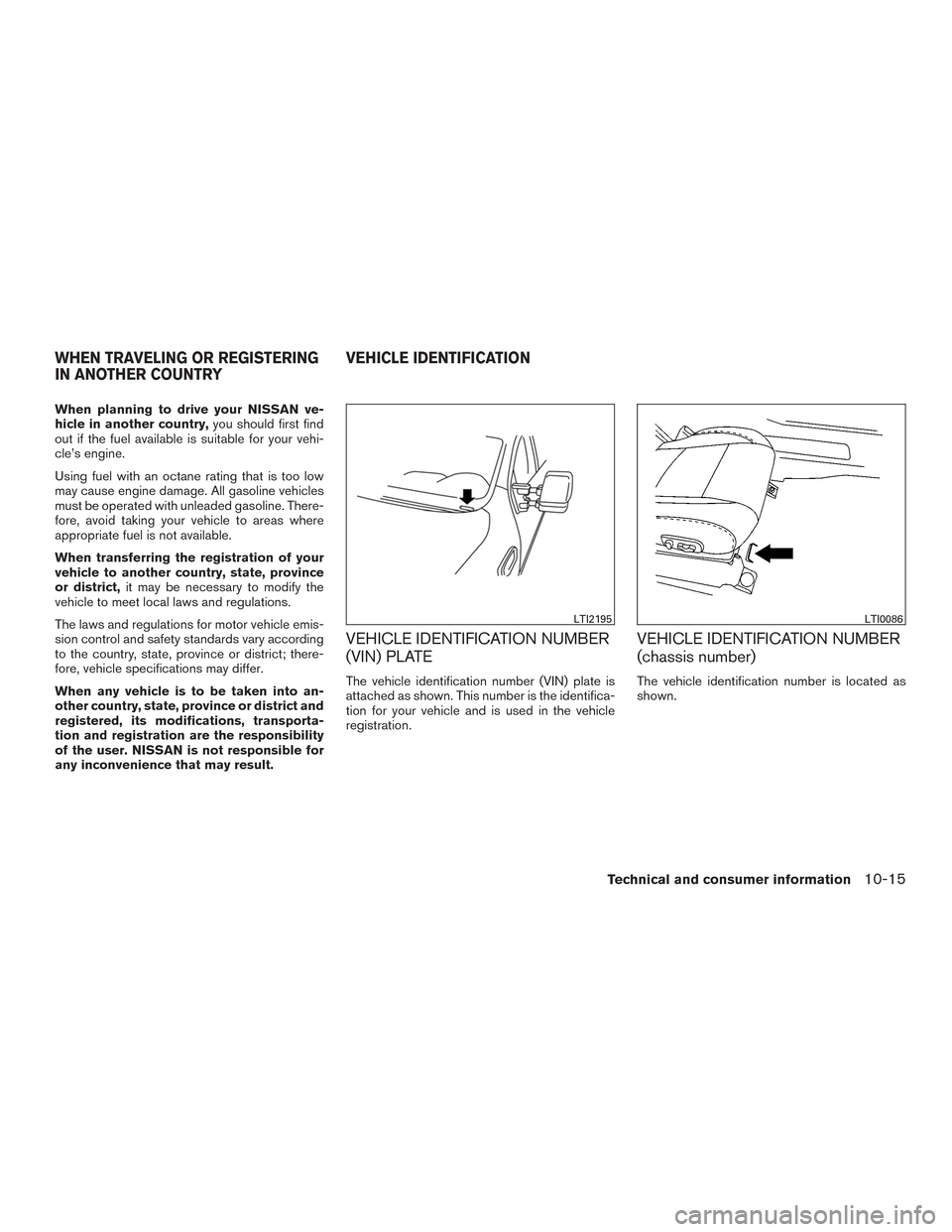 NISSAN TITAN 2017 2.G Owners Manual When planning to drive your NISSAN ve-
hicle in another country,you should first find
out if the fuel available is suitable for your vehi-
cle’s engine.
Using fuel with an octane rating that is too NISSAN TITAN 2017 2.G Owners Manual When planning to drive your NISSAN ve-
hicle in another country,you should first find
out if the fuel available is suitable for your vehi-
cle’s engine.
Using fuel with an octane rating that is too