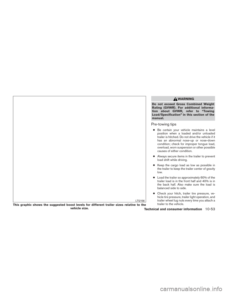 NISSAN TITAN 2017 2.G Owners Manual WARNING
Do not exceed Gross Combined Weight
Rating (GVWR) . For additional informa-
tion about GVWR, refer to “Towing
Load/Specification” in this section of the
manual.
Pre-towing tips
●Be certa NISSAN TITAN 2017 2.G Owners Manual WARNING
Do not exceed Gross Combined Weight
Rating (GVWR) . For additional informa-
tion about GVWR, refer to “Towing
Load/Specification” in this section of the
manual.
Pre-towing tips
●Be certa