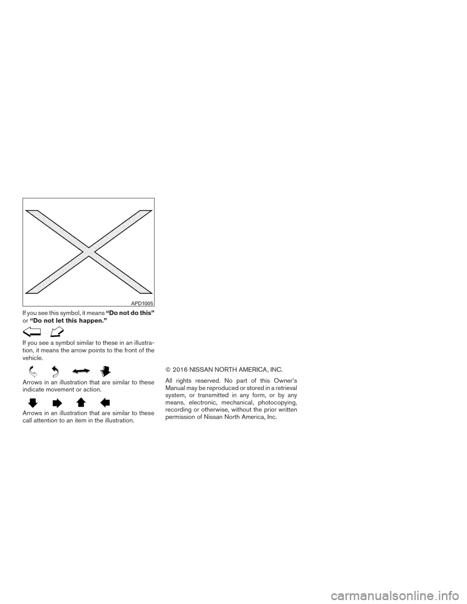 NISSAN TITAN 2017 2.G Owners Manual If you see this symbol, it means“Do not do this”
or “Do not let this happen.”
If you see a symbol similar to these in an illustra-
tion, it means the arrow points to the front of the
vehicle.
