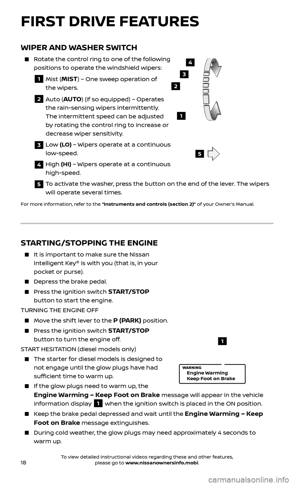 NISSAN TITAN 2017 2.G Quick Reference Guide 18
WIPER AND WASHER SWITCH
    Rotate the control ring to one of the following positions to operate the windshield wipers:
  1  Mist (MIST) – One sweep operation of  
the wipers.
  2  Auto (AUTO) (i
