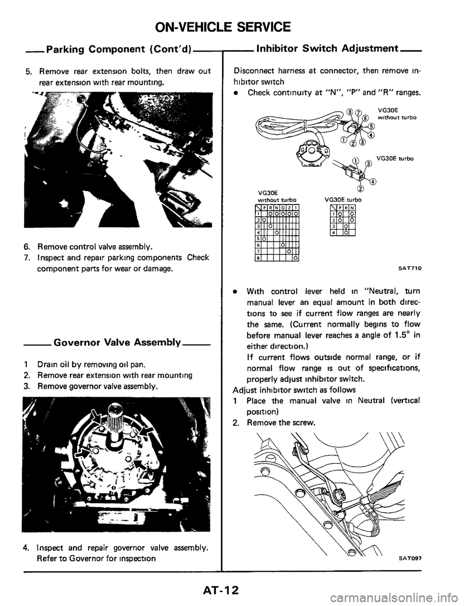 NISSAN 300ZX 1984 Z31 Automatic Transmission Workshop Manual ~ ~~ ON-VEHICLE
SERVICE
-Parking Component (Contd)-
5. Remove rear extension bolts, then draw out
rear extension with rear mounting.
6. Remove control valve assembly.
7. Inspect and repai NISSAN 300ZX 1984 Z31 Automatic Transmission Workshop Manual ~ ~~ ON-VEHICLE
SERVICE
-Parking Component (Contd)-
5. Remove rear extension bolts, then draw out
rear extension with rear mounting.
6. Remove control valve assembly.
7. Inspect and repai