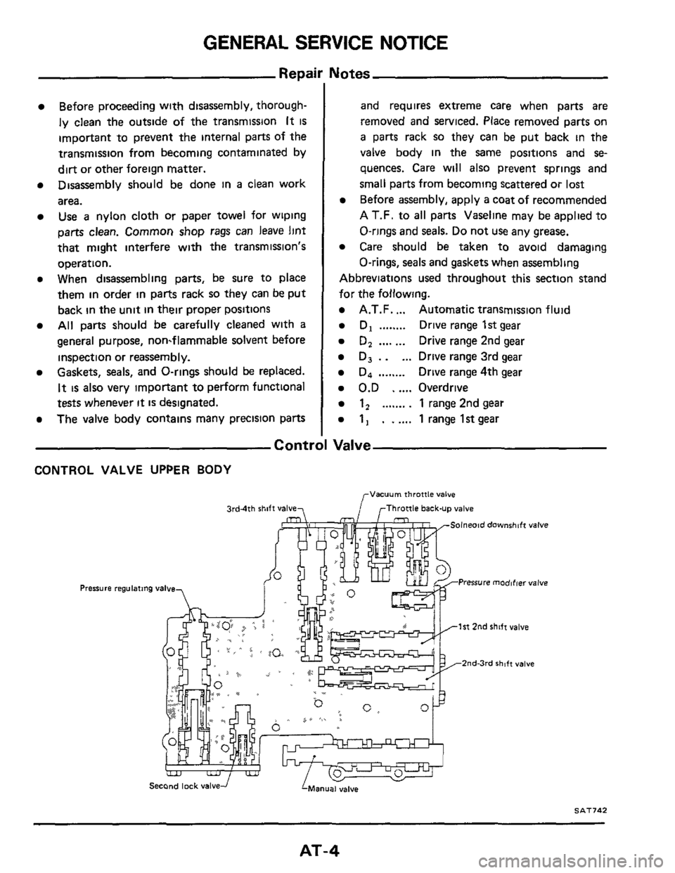 NISSAN 300ZX 1984 Z31 Automatic Transmission Workshop Manual GENERAL SERVICE NOTICE
Repai
Before proceeding with disassembly, thorough-
ly clean the outside of the transmission It IS
important to prevent the internal parts of the
transmission from be NISSAN 300ZX 1984 Z31 Automatic Transmission Workshop Manual GENERAL SERVICE NOTICE
Repai
Before proceeding with disassembly, thorough-
ly clean the outside of the transmission It IS
important to prevent the internal parts of the
transmission from be