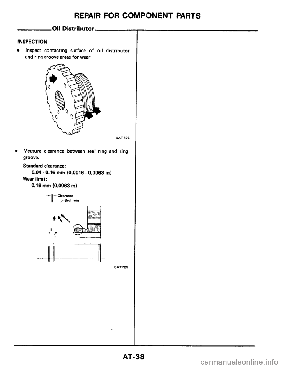 NISSAN 300ZX 1984 Z31 Automatic Transmission Workshop Manual REPAIR FOR COMPONENT PARTS 
Oil Distributor 
INSPECTION 
Inspect contacting  surface of oil distributor 
and ring  groove  areas for wear 
SAT725 
0 Measure  clearance  between seal ring  and ring 
gr