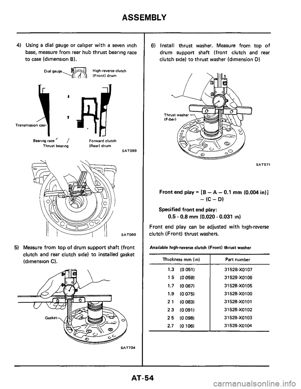 NISSAN 300ZX 1984 Z31 Automatic Transmission Workshop Manual ASSEMBLY 
4) Using a dial gauge  or caliper  with a seven inch 
base,  measure  from rear hub  thrust  bearing  race 
to  case  (dimension 
6). 
Dial gauge-  High-reverse clutch IFrontl drum 
Bearing 