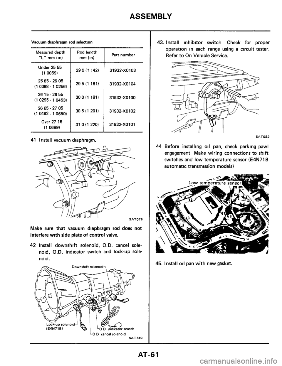 NISSAN 300ZX 1984 Z31 Automatic Transmission Workshop Manual ASSEMBLY 
290 (1 142) 
29 5 (1  161) 
30 0 (1 1811 
30 5 (1 201) 
31 0 (1 220) 
Vacuum  diaphragm rod  selection 
31932-XO103 
31932-X0104 
31932-XOlOO 
31932-X0102 
31932-XOlOl 
Measured depth 
“L
