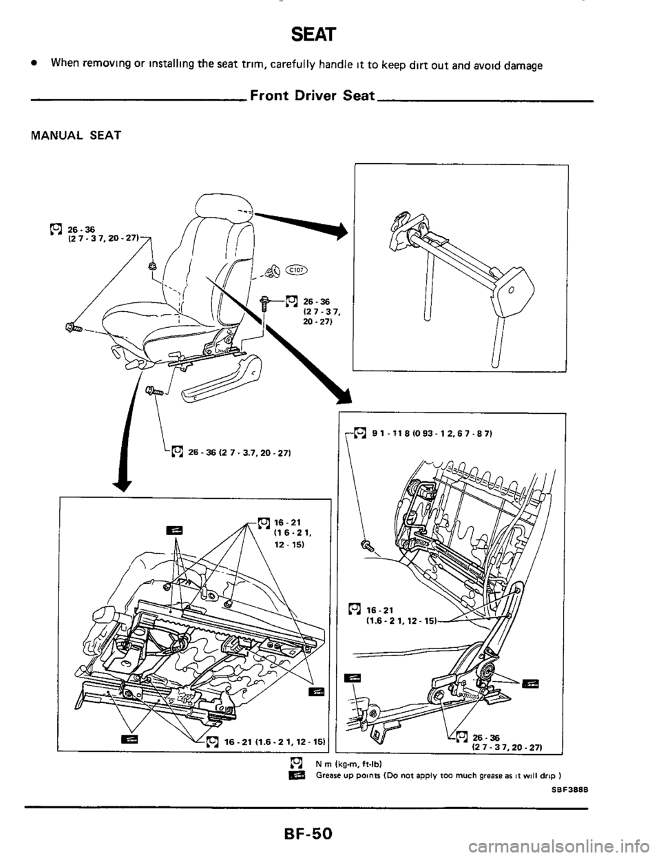 NISSAN 300ZX 1984 Z31 Body Workshop Manual SEAT 
When removing  or installing the seat trim,  carefully  handle it to keep dirt out and  avoid  damage 
Front  Driver  Seat 
MANUAL  SEAT 
26-36 (2 7.3 7,20  -27) 
26 - 36 (2 7.3.7,20 - 271 
P 
v